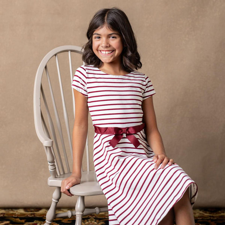 Organic Short Sleeve Skater Dress - White and Oxblood Stripe