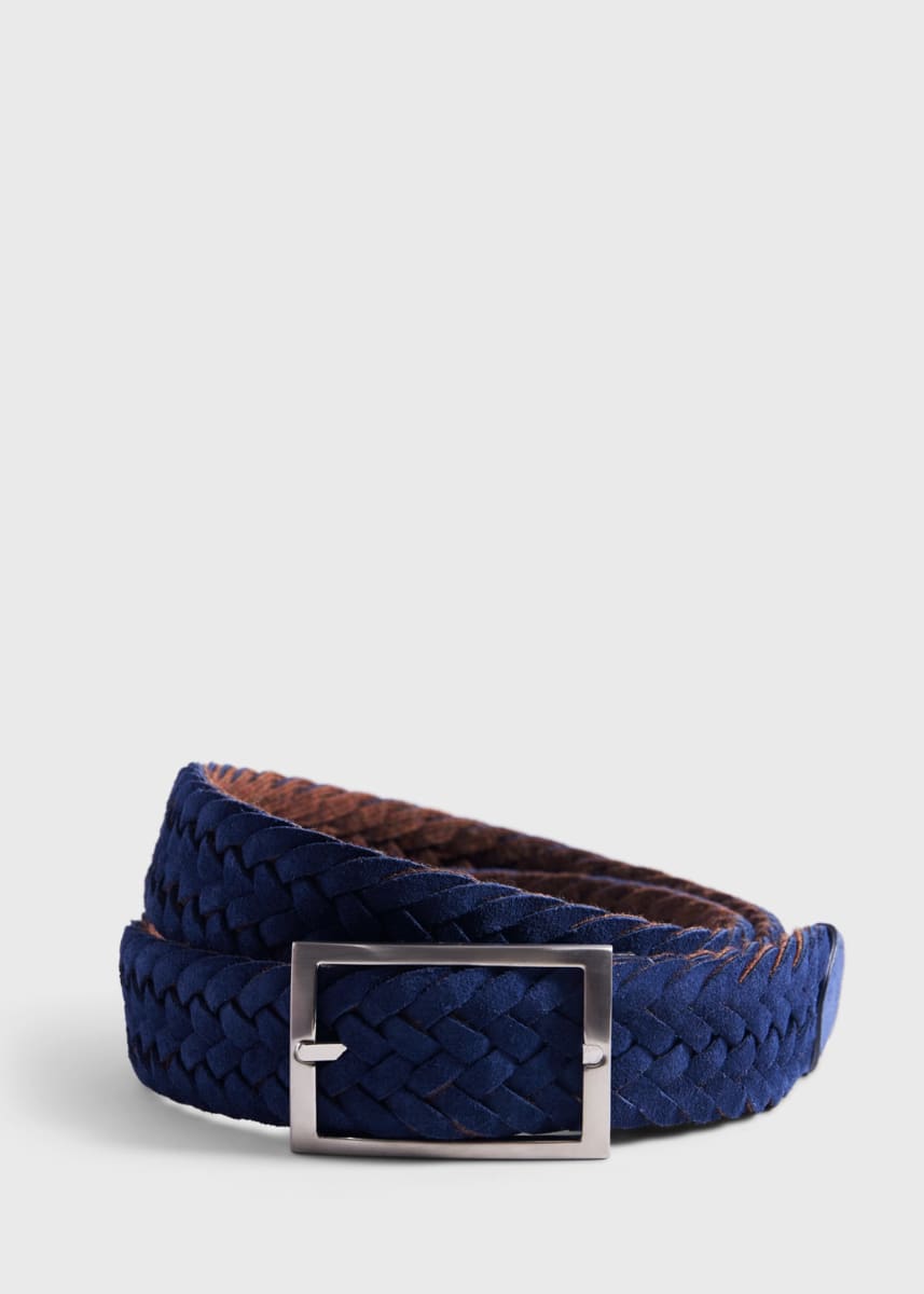 Woven Suede and Wool Reversible Belt - Blue