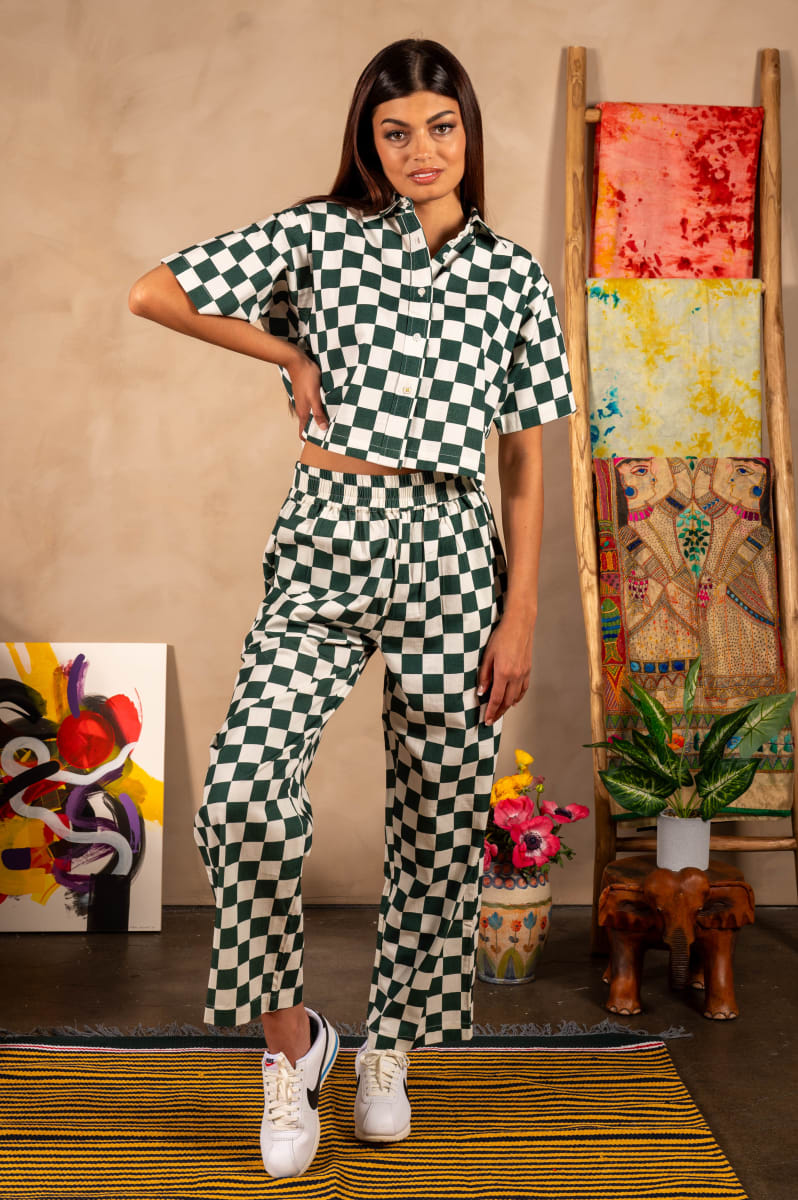 Hand Printed 'Seema' Pants - Green And White Chessboard