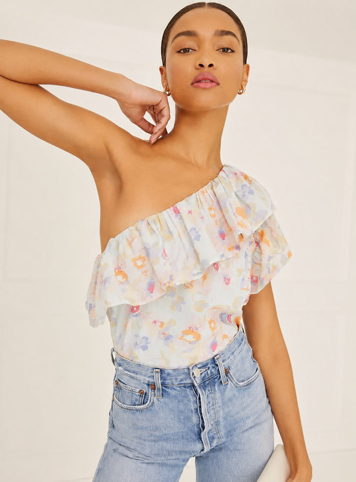 One Shoulder Ruffle Top - Blue Combo