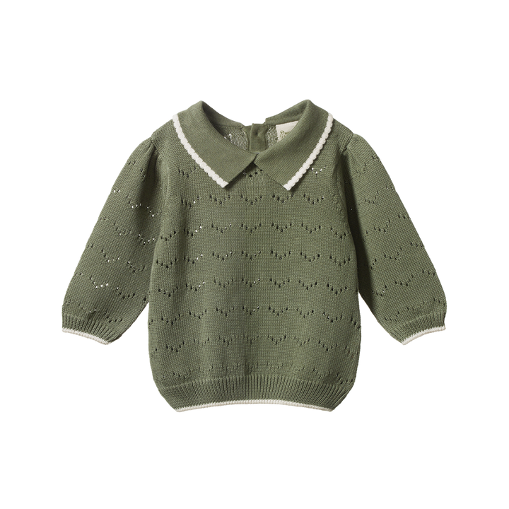 Long Sleeve Maeve Polo - Hedge Green Pointelle