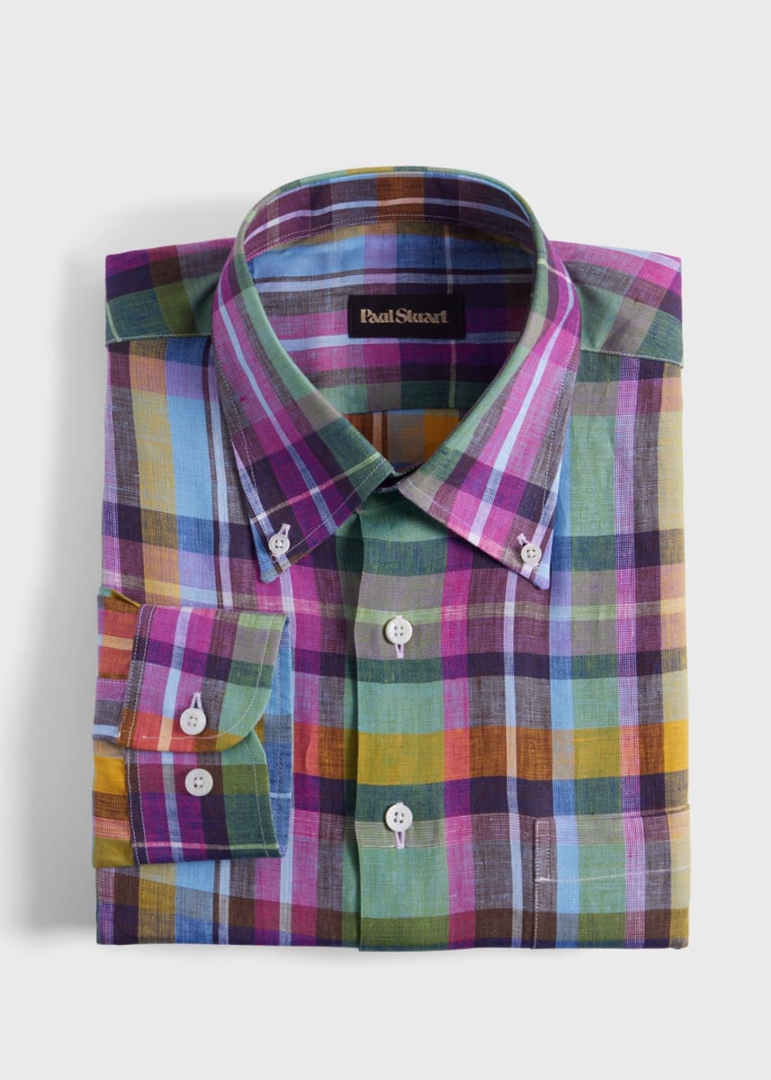 Linen Multicolor Plaid Sport Shirt - Green/Pink