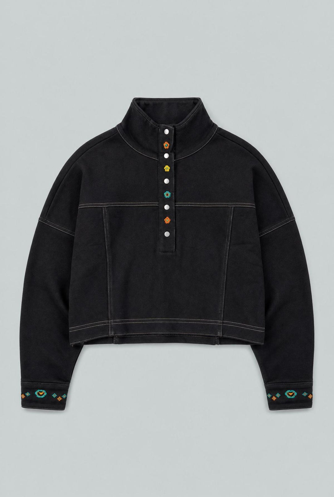 Embroidered Henley Sweatshirt - Black