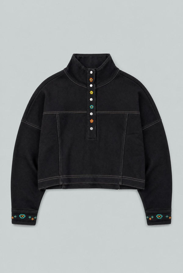 Embroidered Henley Sweatshirt - Black