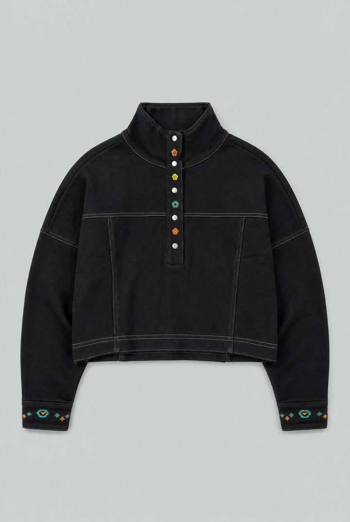 Embroidered Henley Sweatshirt - Black