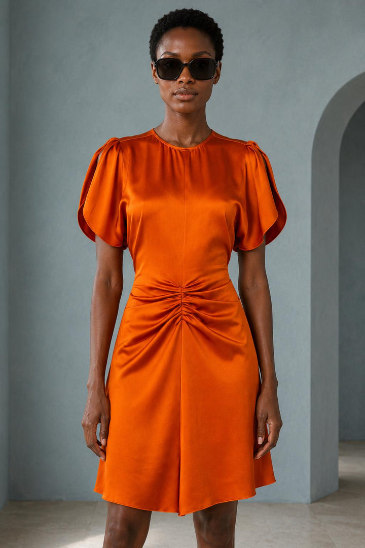 Gathered Waist Mini Dress - Sunset Orange