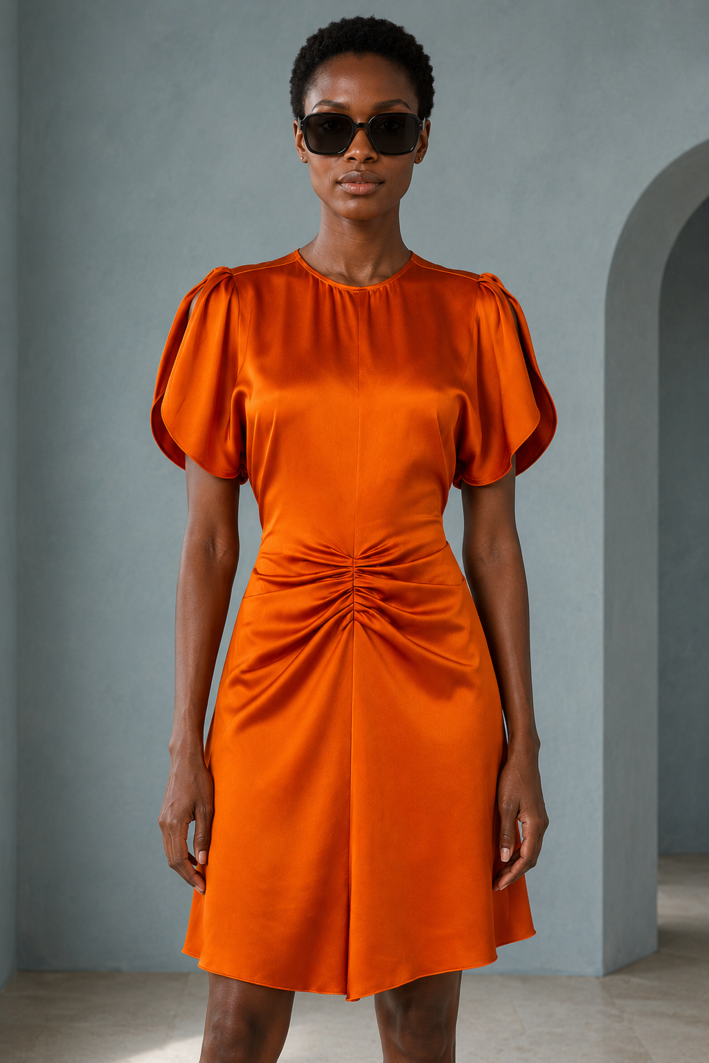 Gathered Waist Mini Dress - Sunset Orange