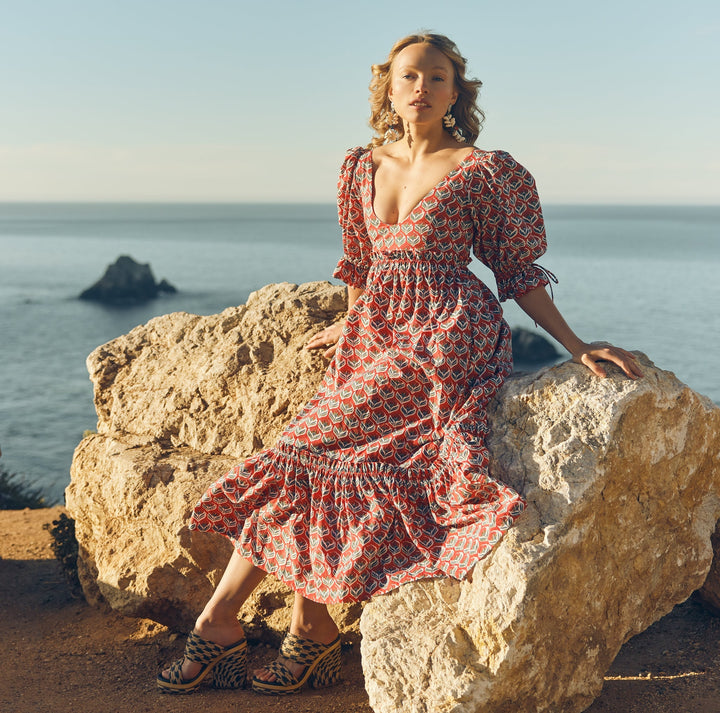 Hayley Puff Sleeve Midi Dress - Carmine/Crimson Floral