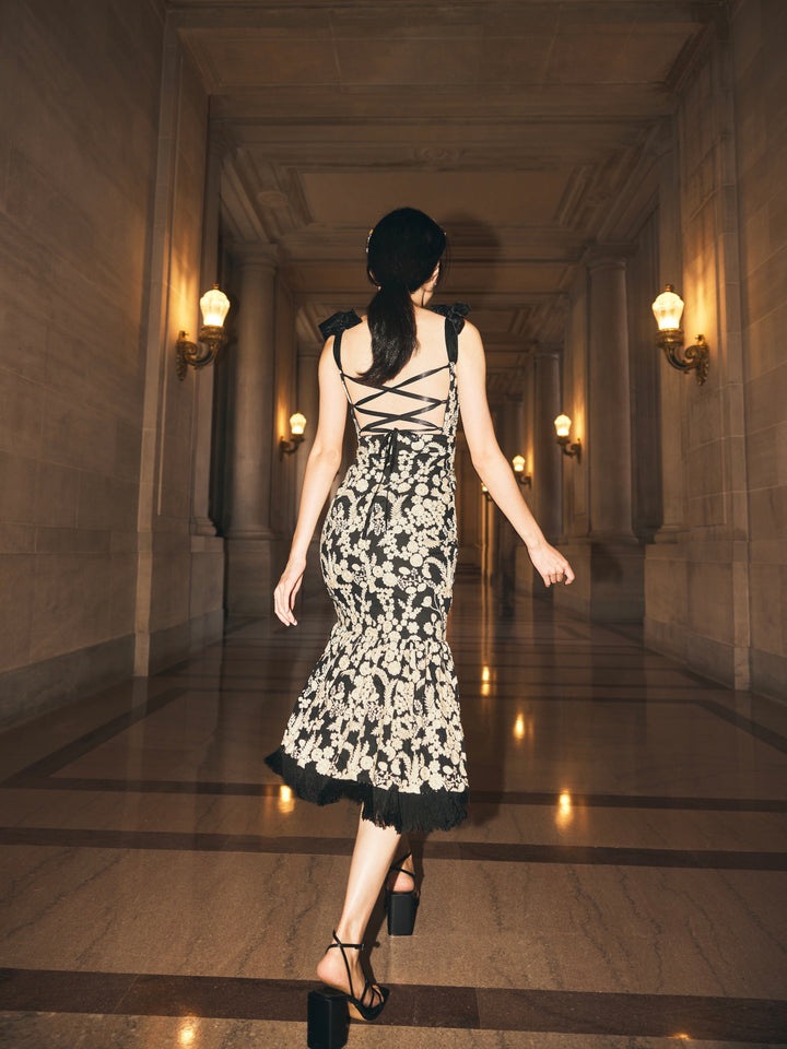 Doris Embroidered Fringe Midi Dress - Midnight/Cream Floral embroidery