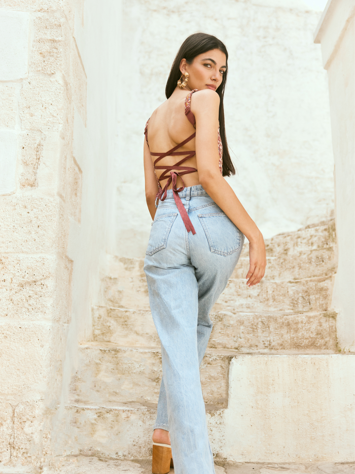 Lauren Embroidered Top With Fringe - Plum/Blush Butterfly Floral embroidery