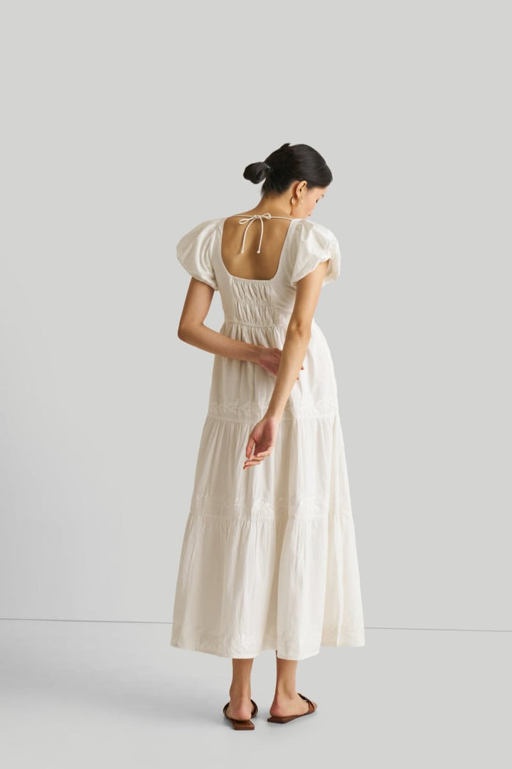 Puff Sleeve Embroidered Tiered Dress - Coconut White