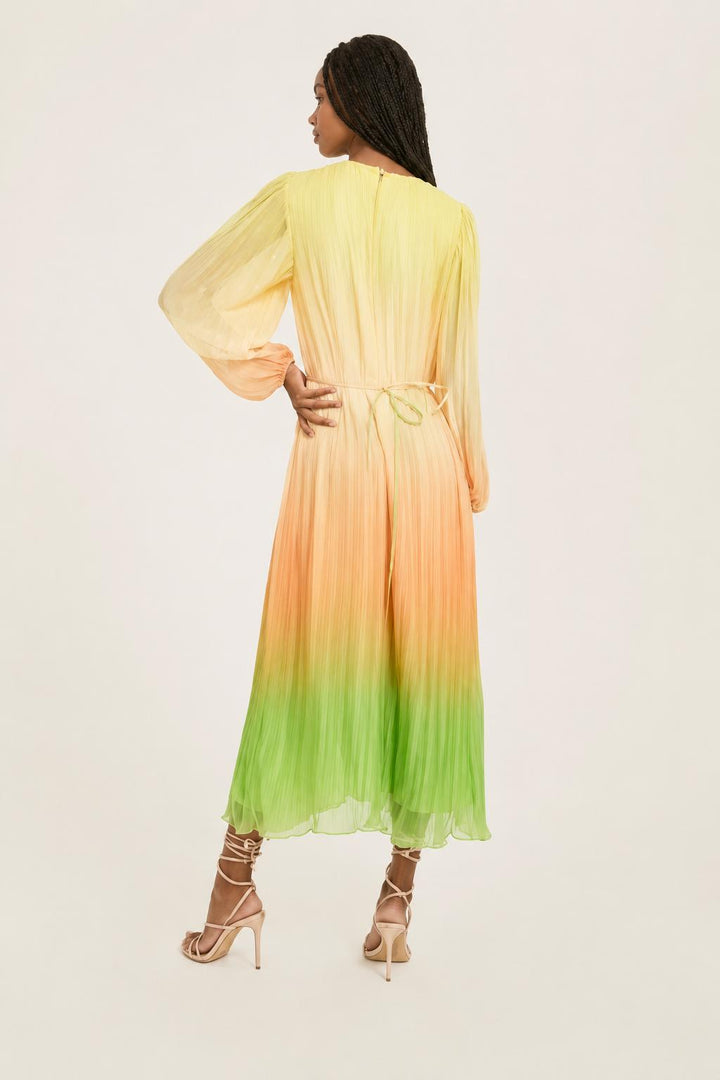 Pleated Long Sleeve Dress - Orange Combo