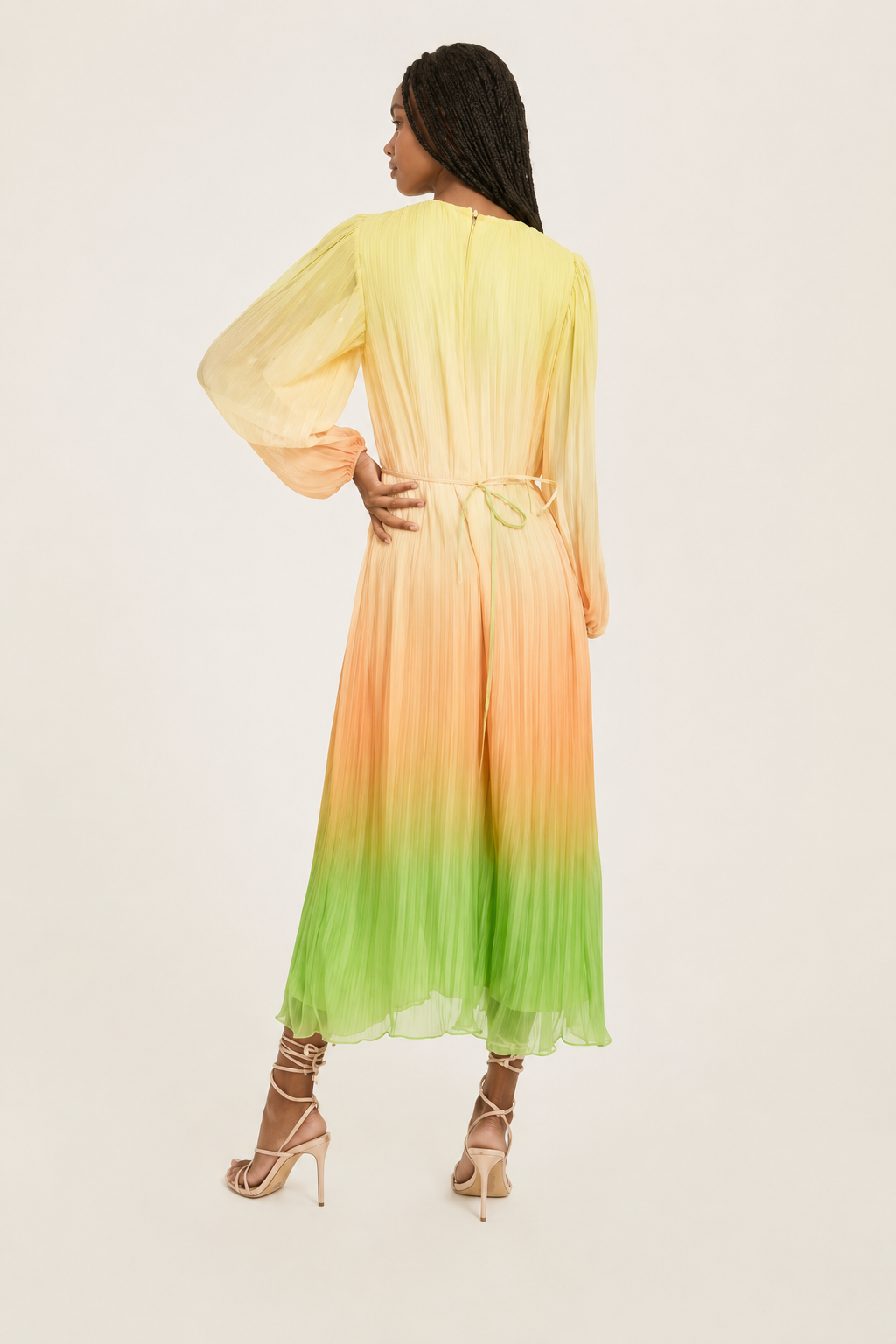 Pleated Long Sleeve Dress - Orange Combo
