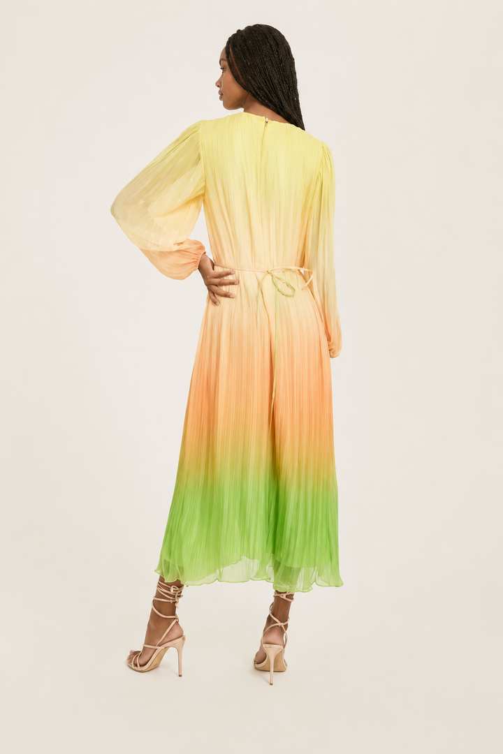 Pleated Long Sleeve Dress - Orange Combo