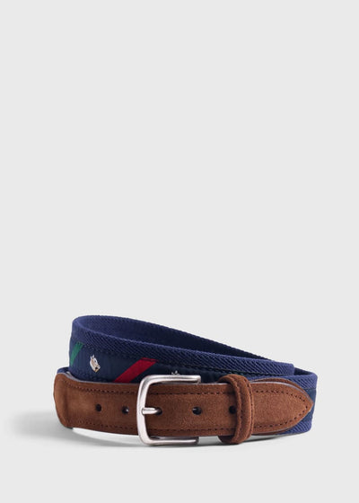 Leather Trim Belt With Pony Embroidery - Navy