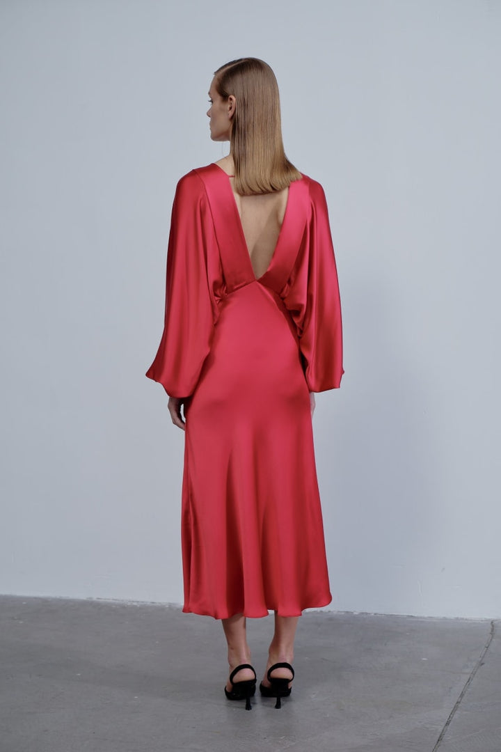 Mila V Neck Satin Dress - Rouge