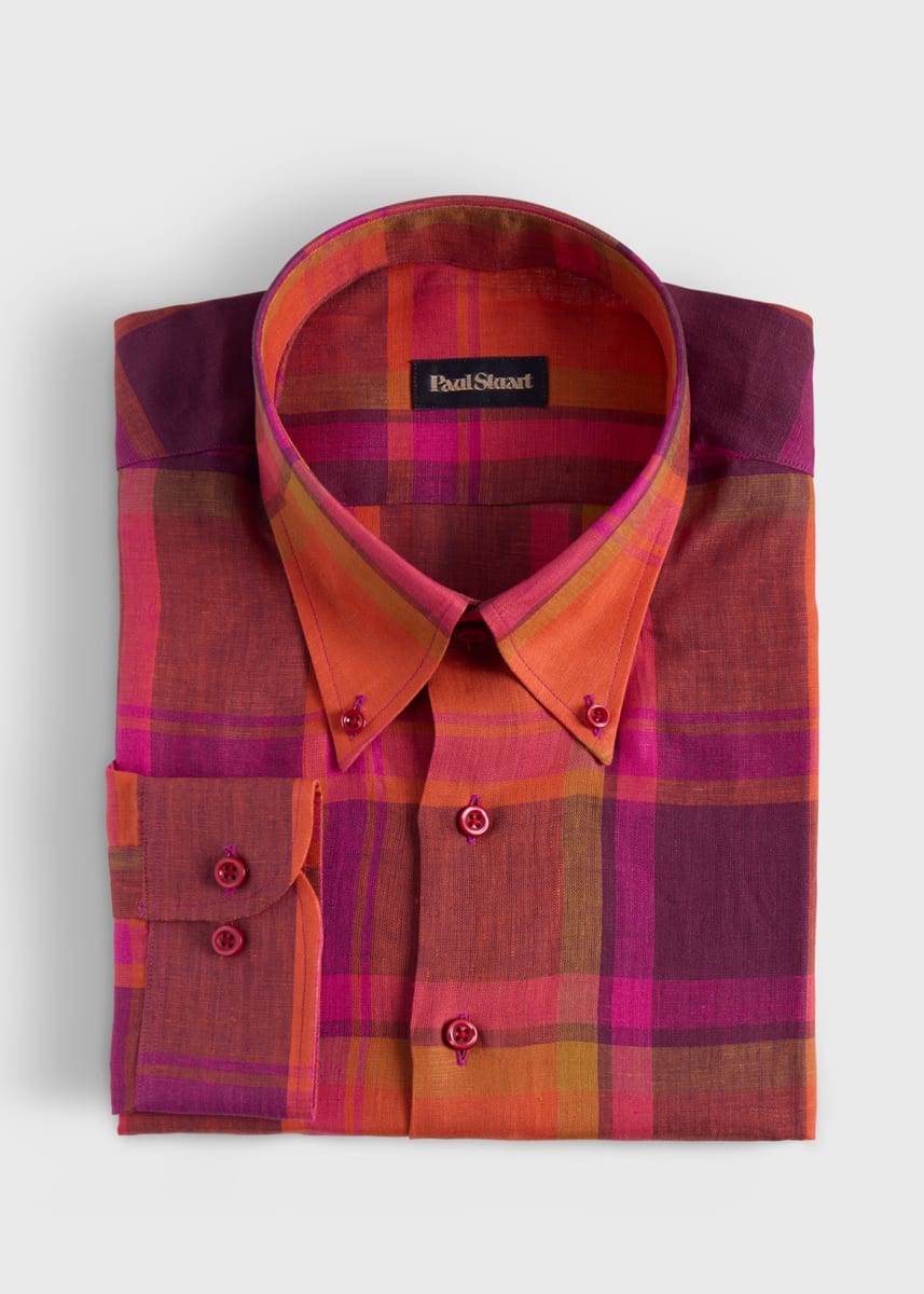 Linen Plaid Sport Shirt - Red - Collared Shirt