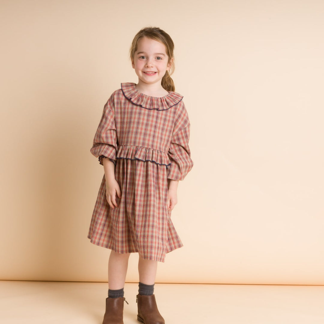 Girls' Ruffle Collar Long Sleeve Dress - Red And Blue Check