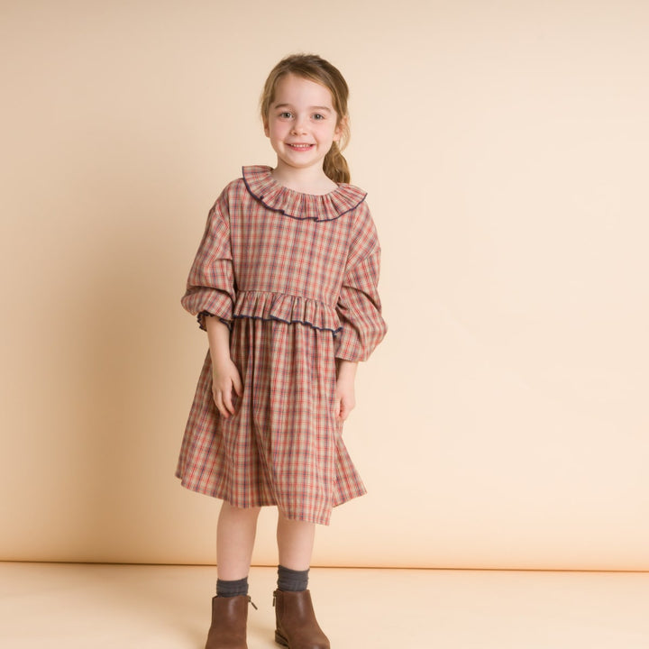 Girls' Ruffle Collar Long Sleeve Dress - Red And Blue Check