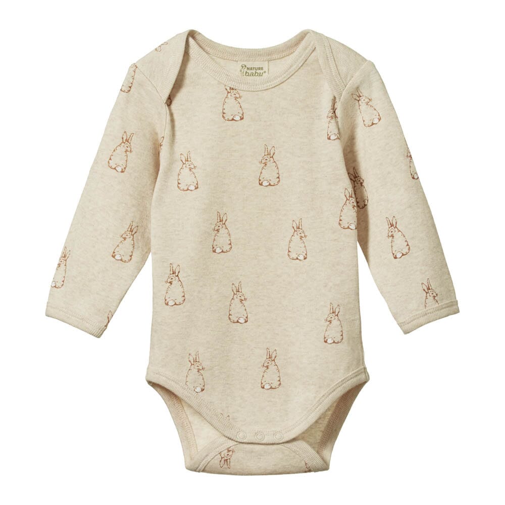 Long Sleeve Bodysuit - Bunny Tales Oatmeal Marl Print Bodysuits + Onesies Nature Baby 