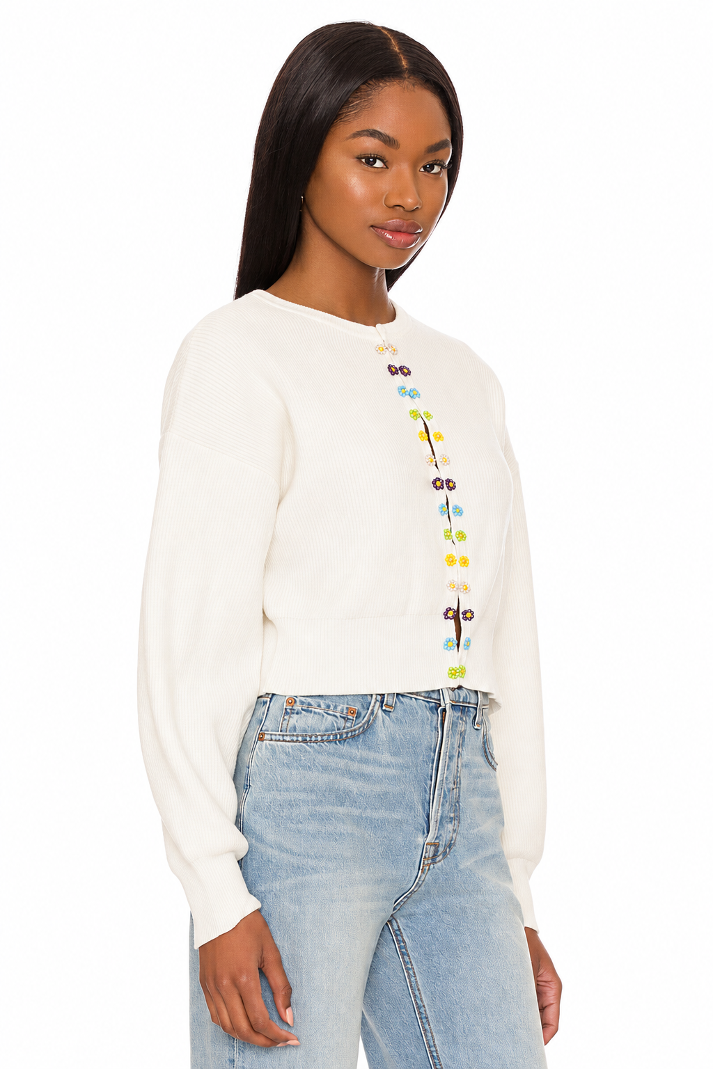 Cardigan With Beaded Daisies - Cream Multi