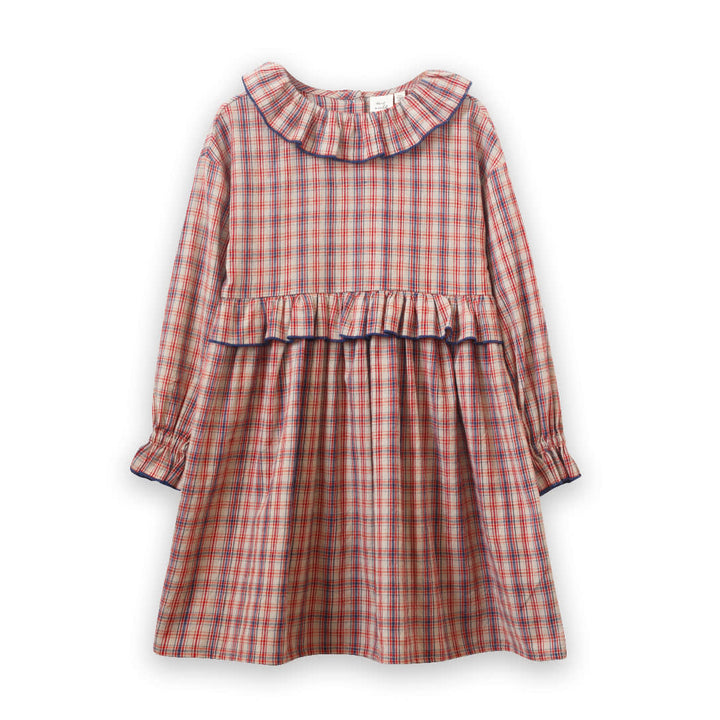 Girls' Ruffle Collar Long Sleeve Dress - Red And Blue Check