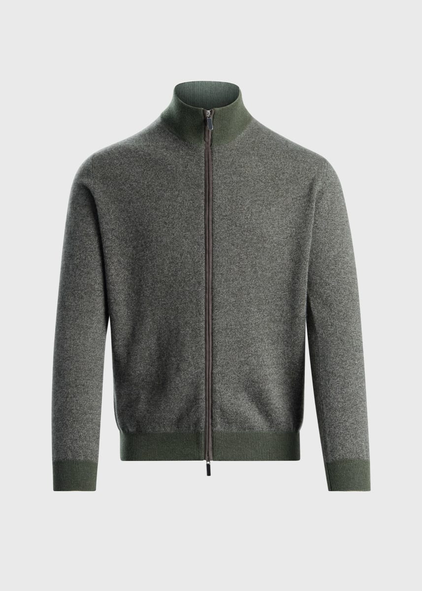 Cashmere Melange Fullzip Suede Trim Cardigan - Sage