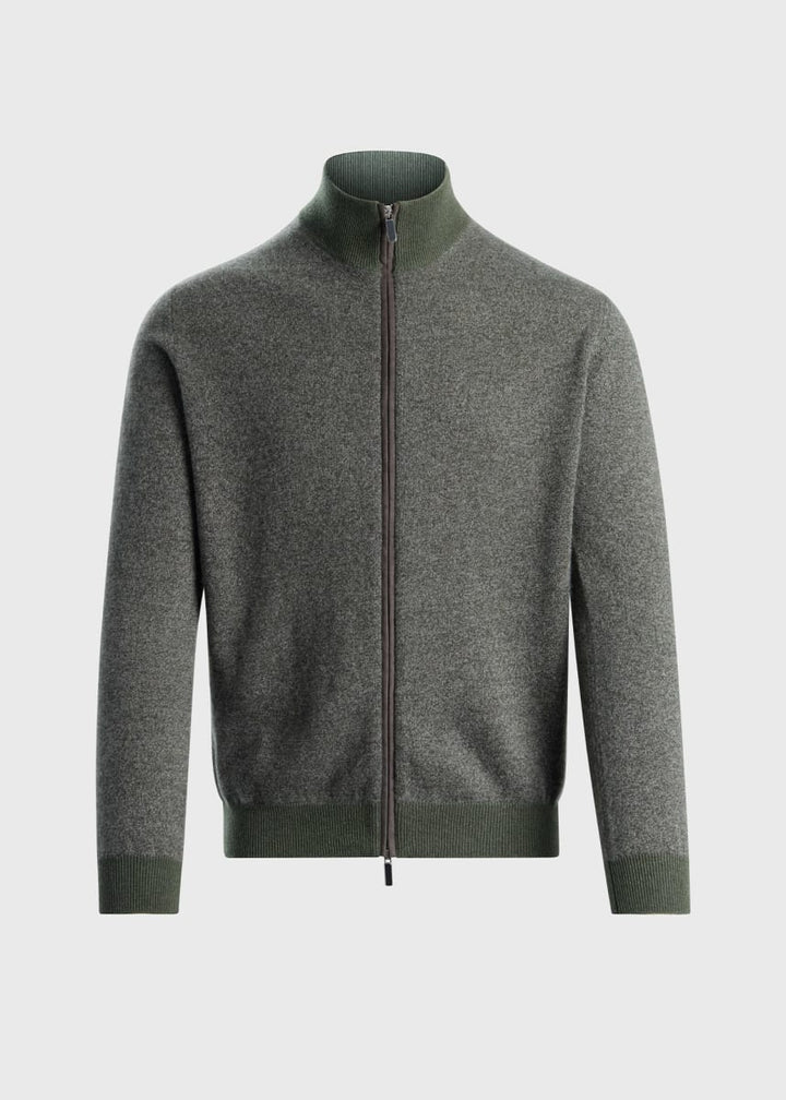 Cashmere Melange Fullzip Suede Trim Cardigan - Sage