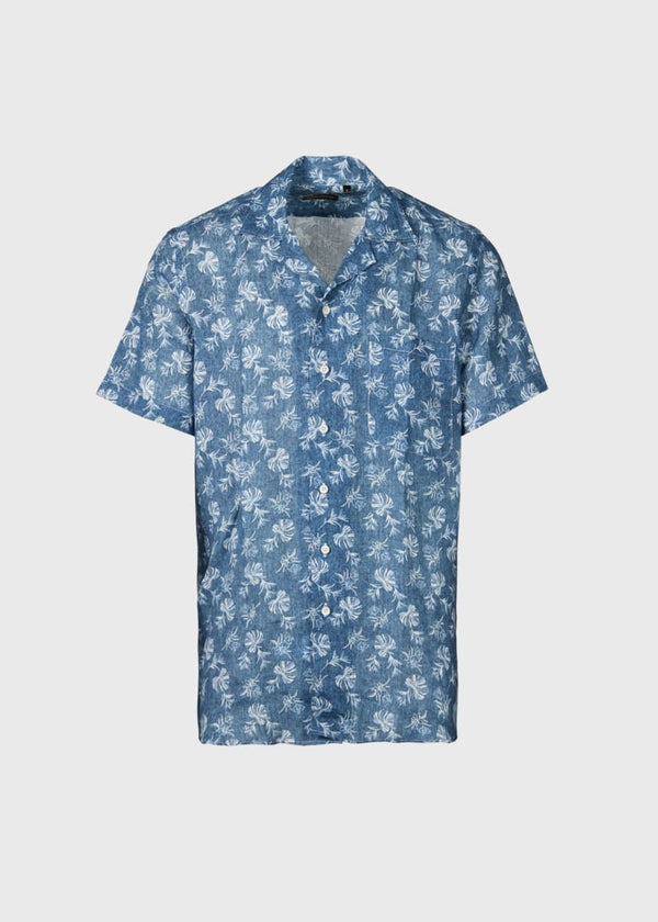 Linen Leaf Print Camp Shirt - Denim