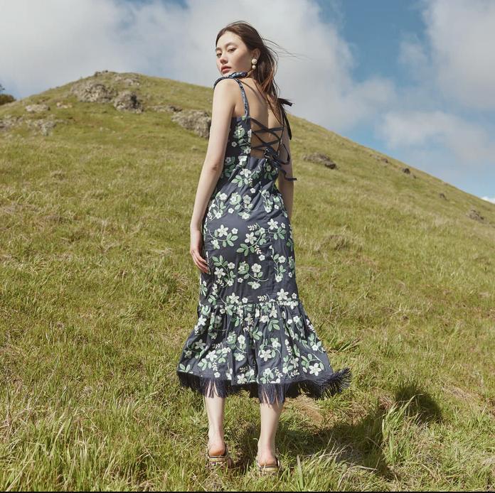 Desirae Embroidered Fringe Midi Dress - Dark Blueberry/Ivory Ditsy Floral Embroidery