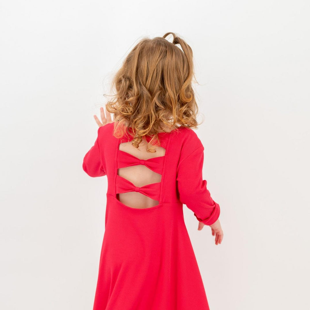 Twirl Dress with Bow - Ruby Red Ribbed