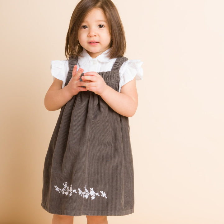 Toddler Pinafore Corduroy Dress With Embroidery - Gray & White