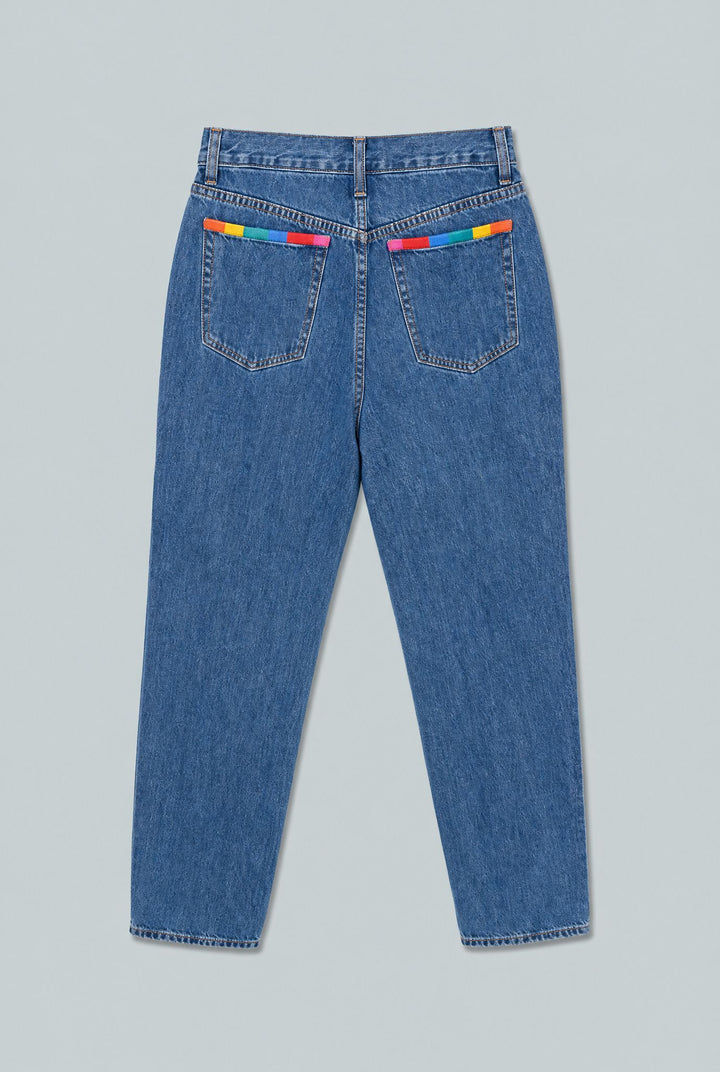 Embroidered Straight Leg Denim - Medium Blue