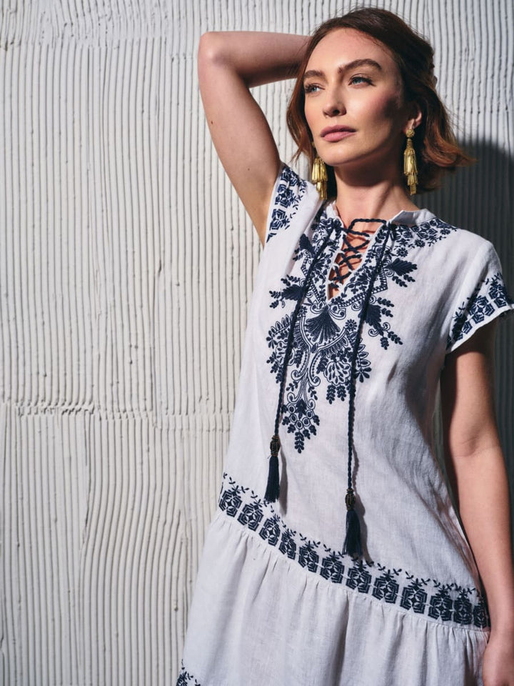 Coralie Dress - White/Navy Embroidery