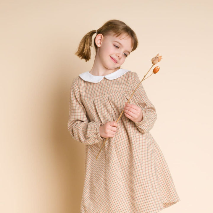 Brook Girls Dress - Beige Country Check