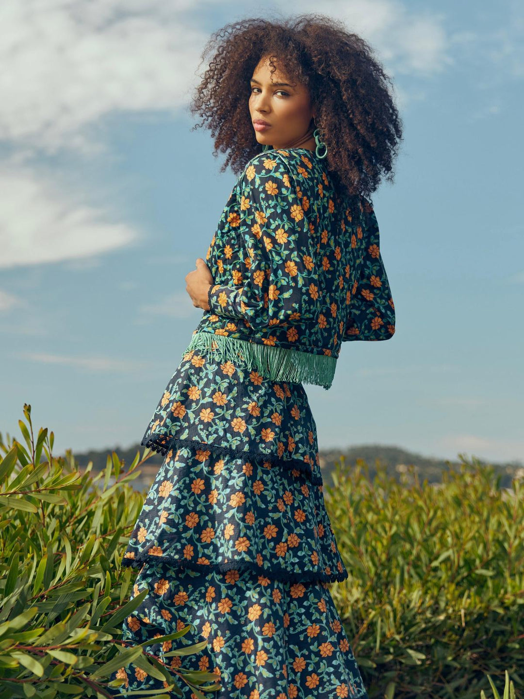 Brenda Tiered Skirt - Faded Black/Bright Clementine & Moss Floral