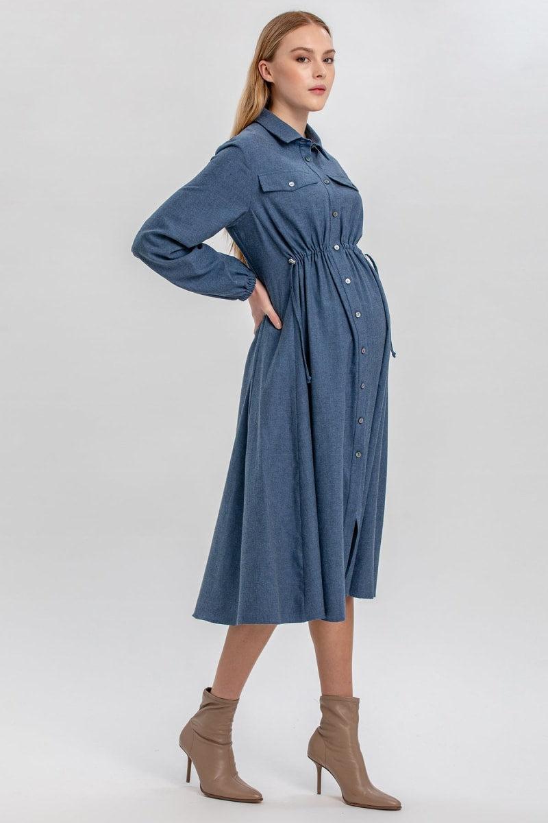 ERICA Midi Long-Sleeve Maternity Shirt Dress - Avion Blue