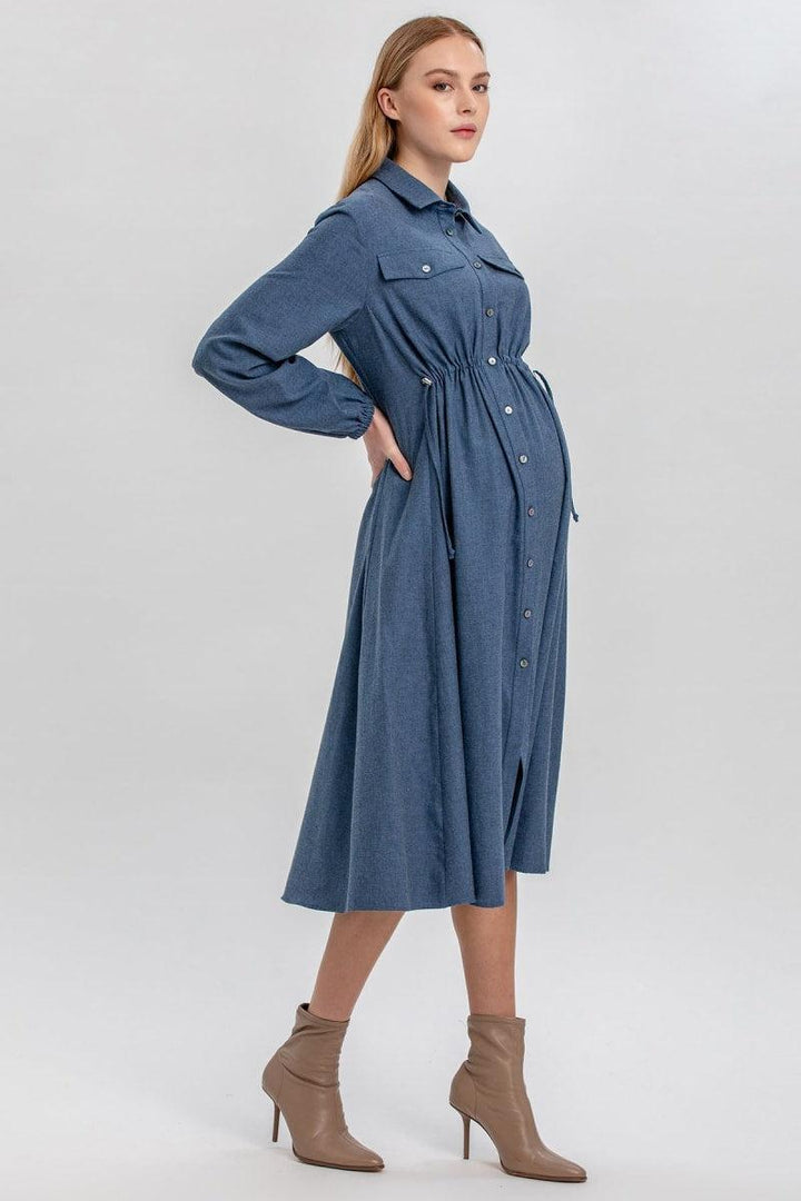 ERICA Midi Long-Sleeve Maternity Shirt Dress - Avion Blue