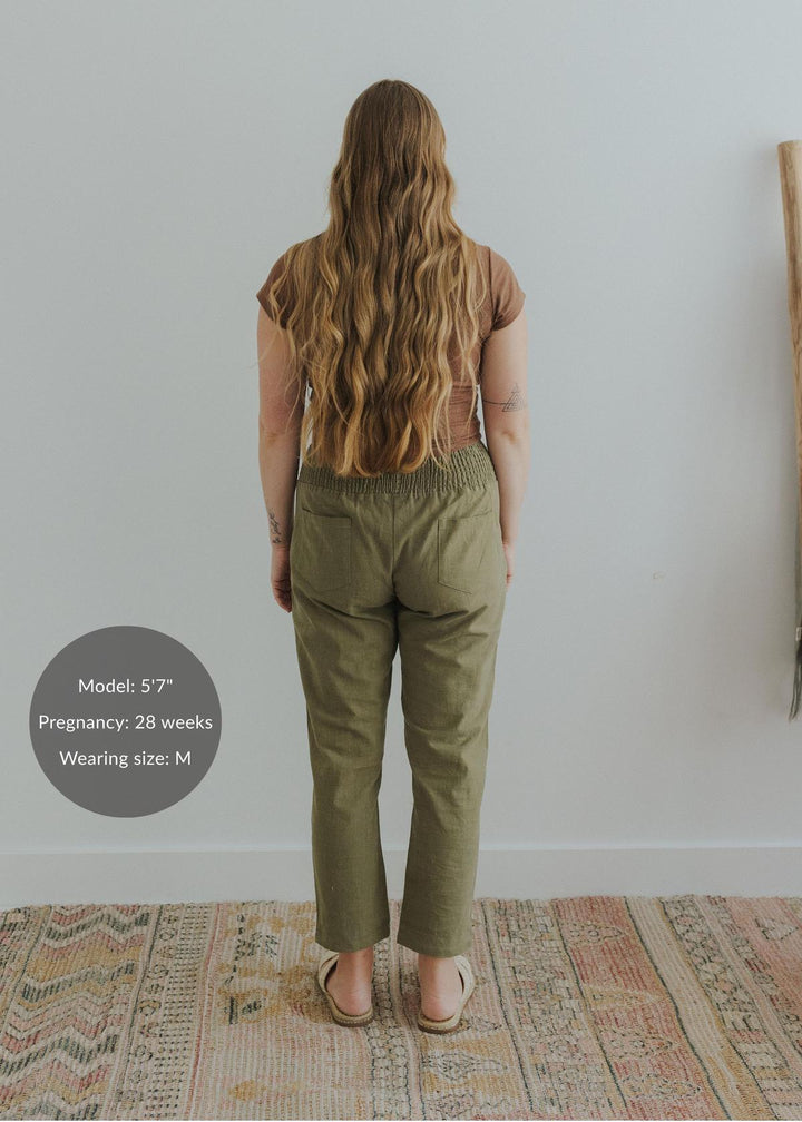 Transitional Maternity Linen Pant - Extended Inseam - Olive