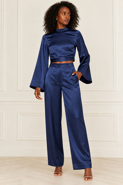 Silky Wide Leg Trousers - Navy