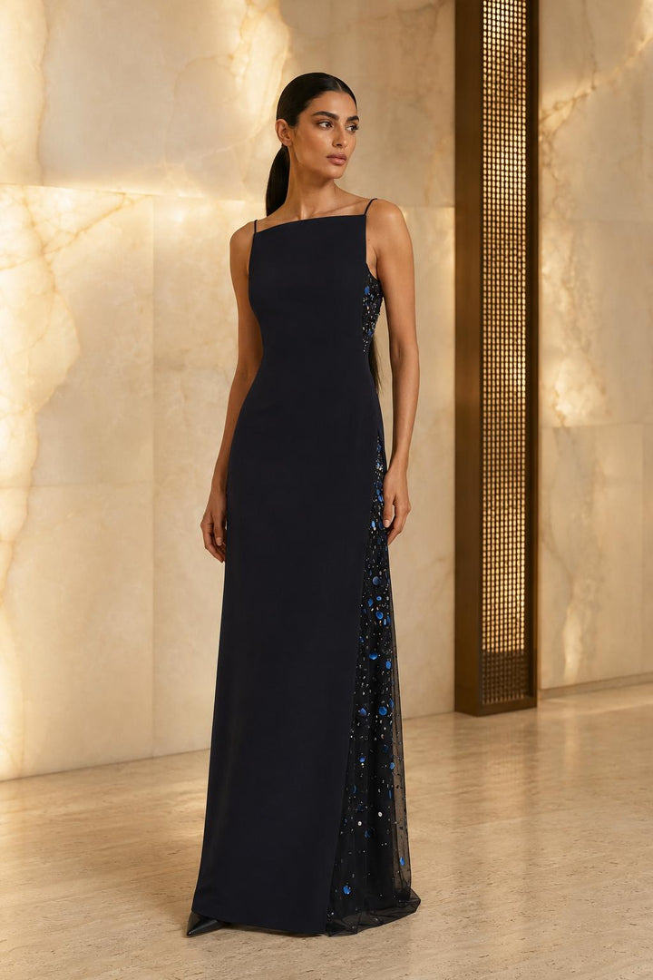 Leah Long Dress - Midnight Navy With Multi/Blues Embellishments
