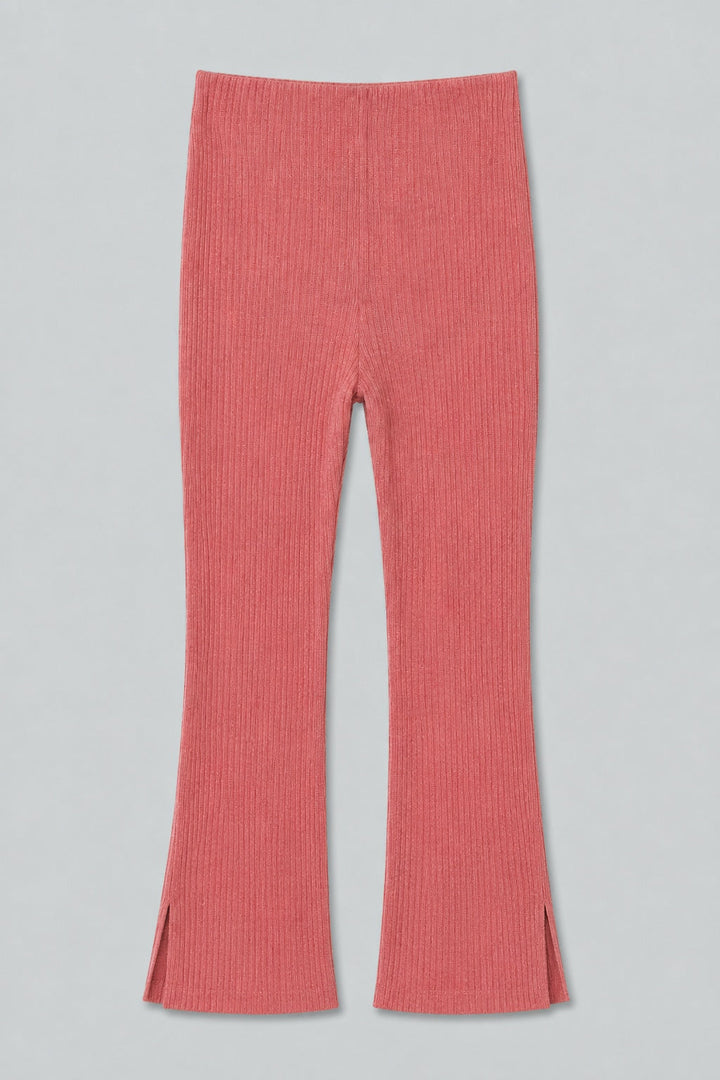 Ribbed Textured Flare Pants With Slits - Rose