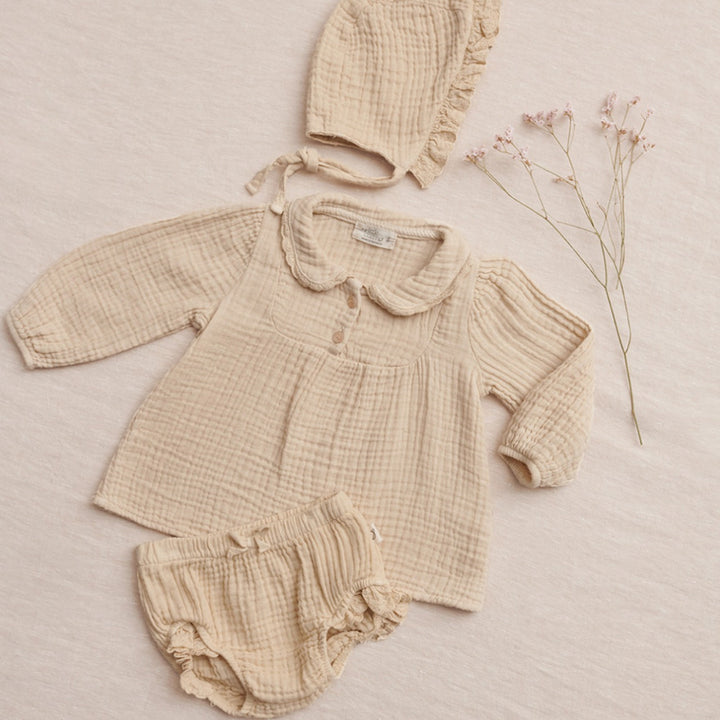 Organic Baby Blouse & Lace Bloomers - Stone