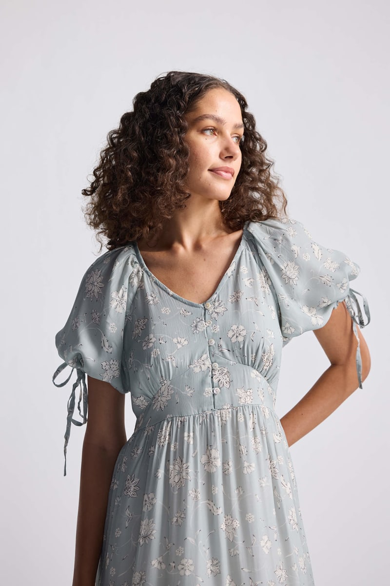 Puff Sleeve Midi Dress - Serene Symphony