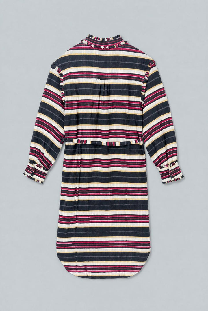 Belted Striped Button Up Dress - Black Combo