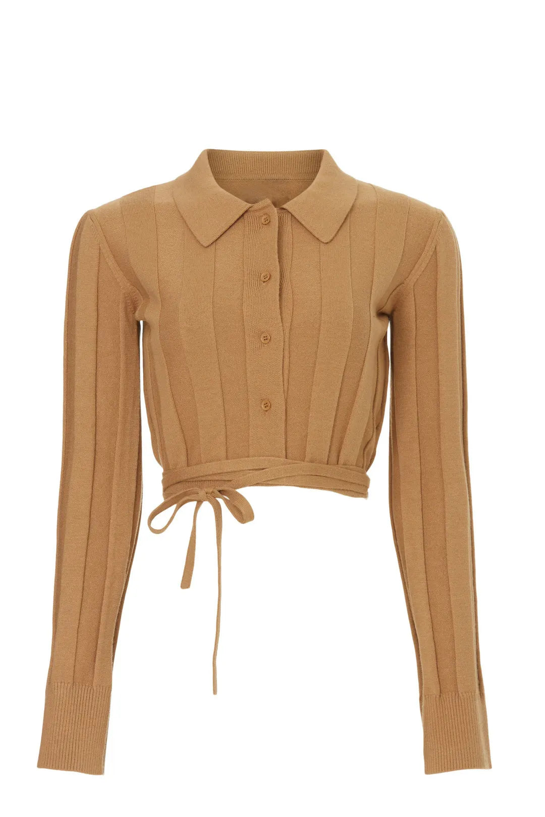 Waist Tie Button Up Sweater - Tan