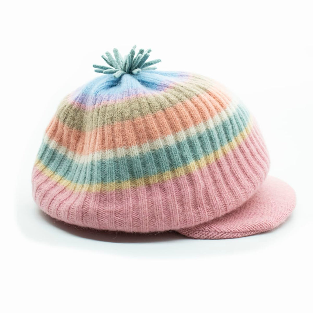 Striped Brim Hat With Pom - Pink