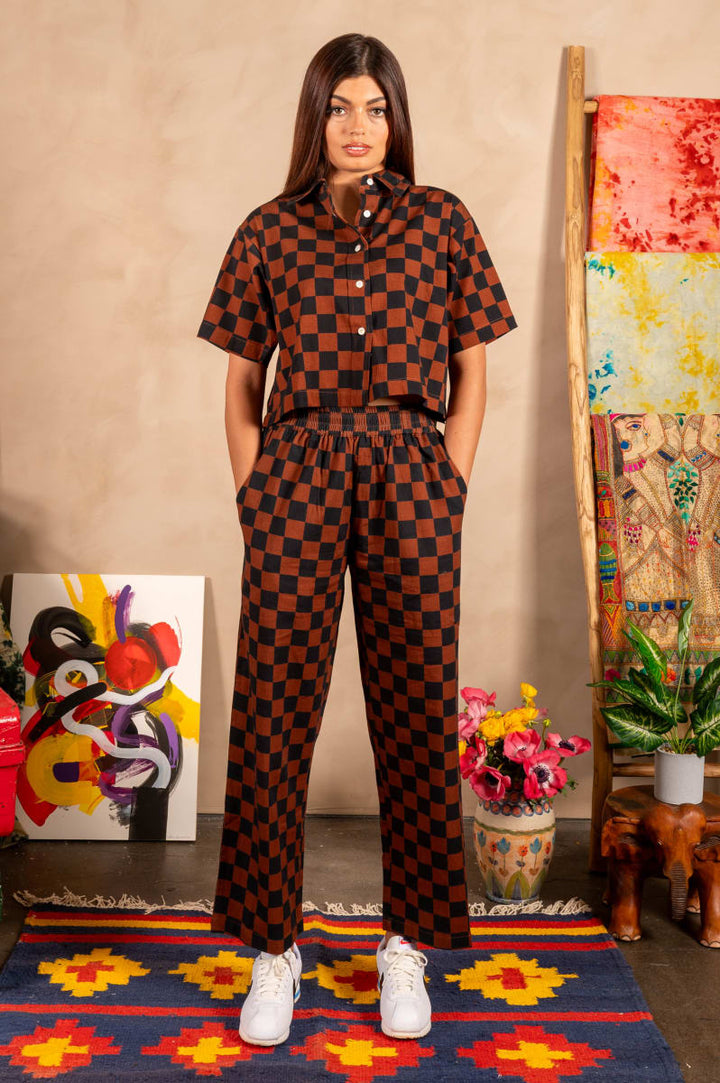 Hand Printed 'Seema' Pants - Chocolate And Black Chessboard
