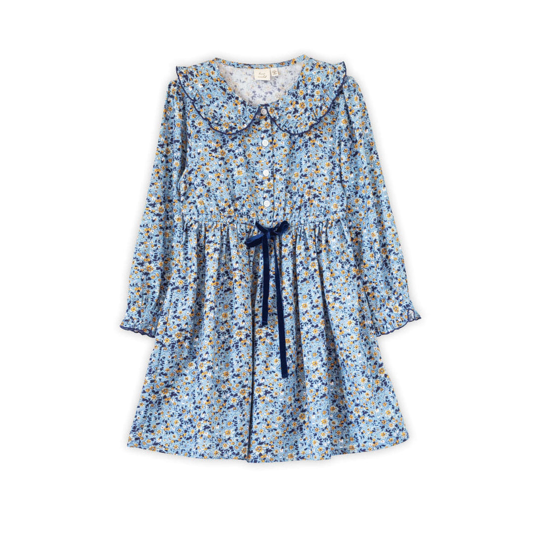 Girls Adelaide Velvet Tie Dress - Blue And Mustard Wildflowers