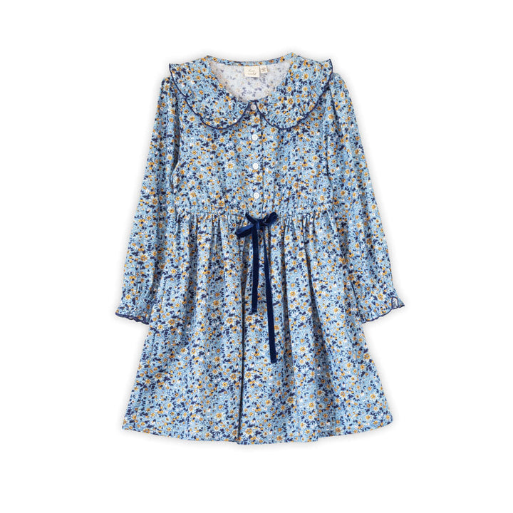 Girls Adelaide Velvet Tie Dress - Blue And Mustard Wildflowers